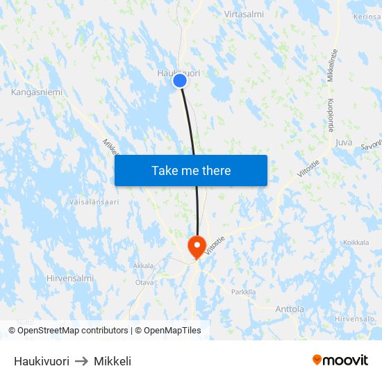 Haukivuori to Mikkeli map