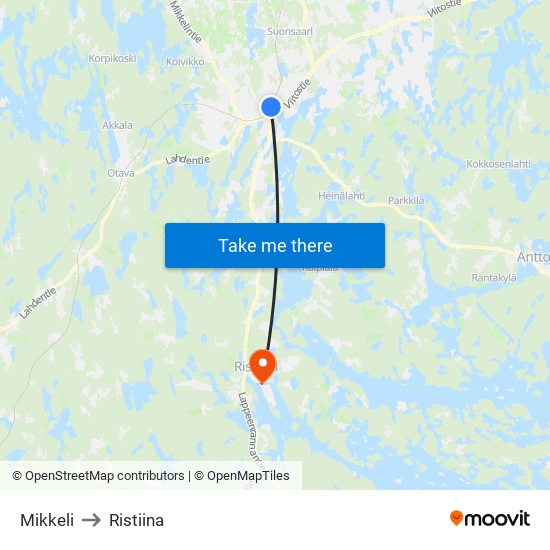 Mikkeli to Ristiina map