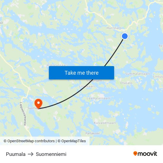 Puumala to Suomenniemi map