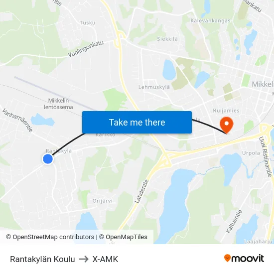 Rantakylän Koulu to X-AMK map