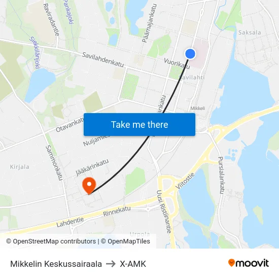 Mikkelin Keskussairaala to X-AMK map