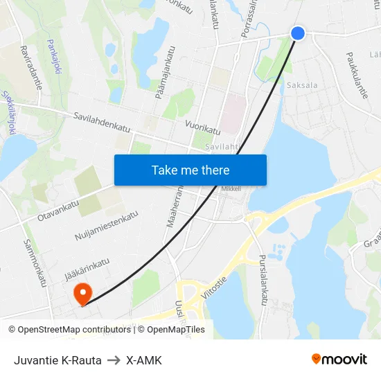 Juvantie K-Rauta to X-AMK map