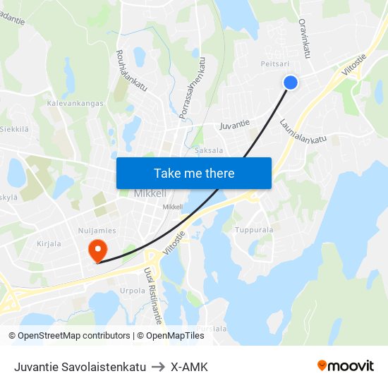 Juvantie Savolaistenkatu to X-AMK map