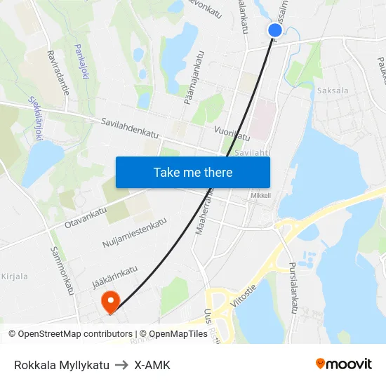 Rokkala Myllykatu to X-AMK map