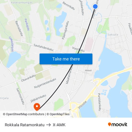 Rokkala Ratamonkatu to X-AMK map