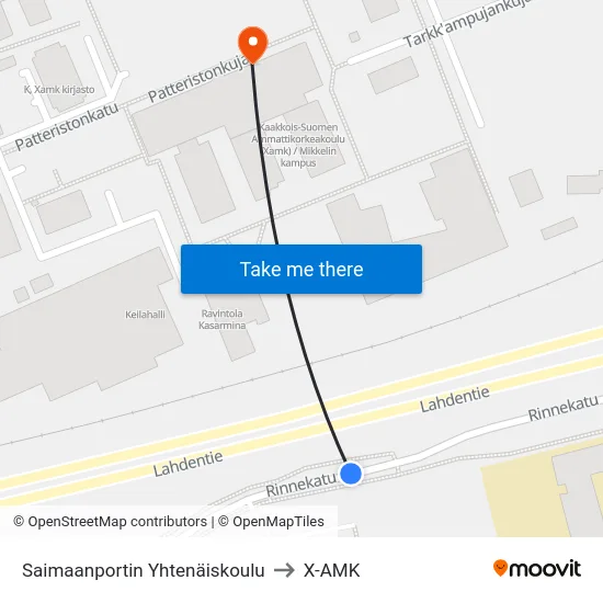 Saimaanportin Yhtenäiskoulu to X-AMK map
