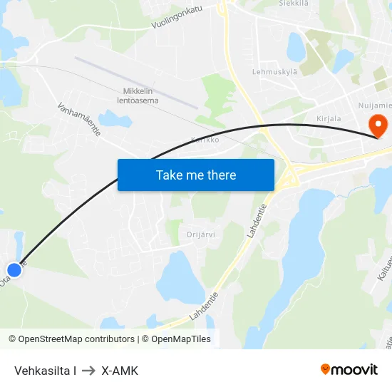Vehkasilta  I to X-AMK map