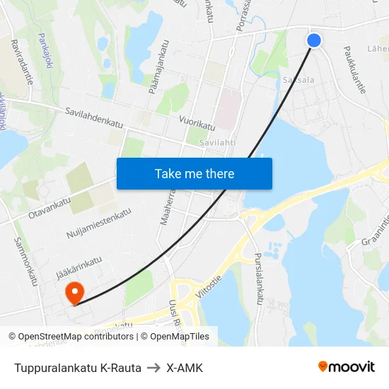 Tuppuralankatu K-Rauta to X-AMK map