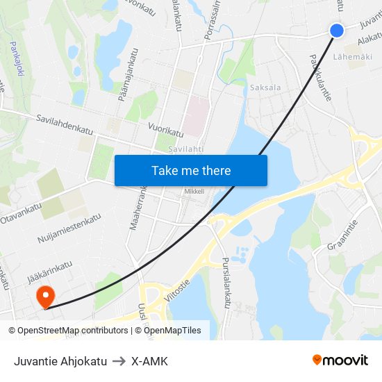 Juvantie Ahjokatu to X-AMK map