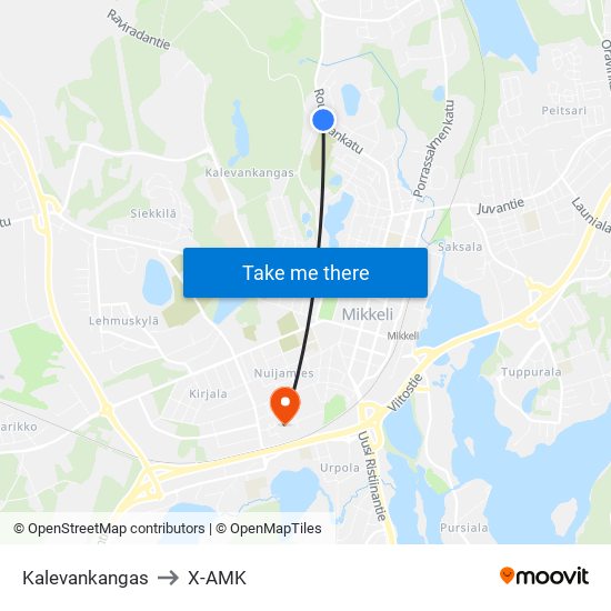 Kalevankangas to X-AMK map