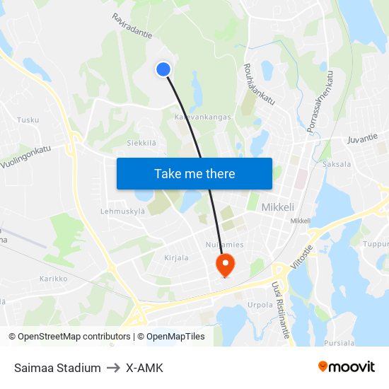 Saimaa Stadium to X-AMK map