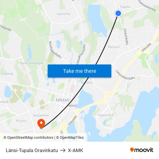 Länsi-Tupala Oravinkatu to X-AMK map