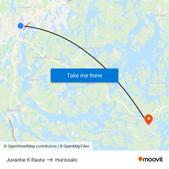 Juvantie K-Rauta to Hurissalo map