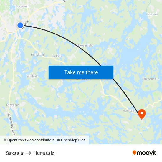 Saksala to Hurissalo map