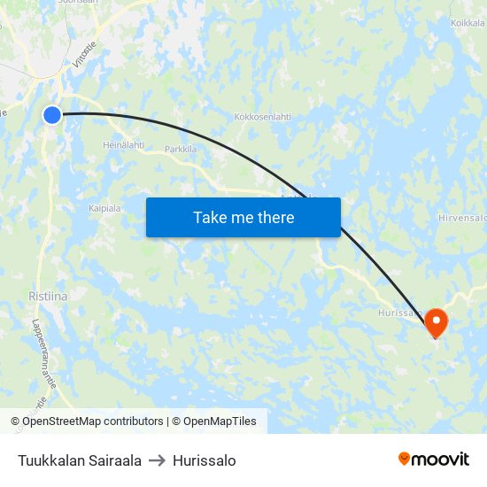 Tuukkalan Sairaala to Hurissalo map