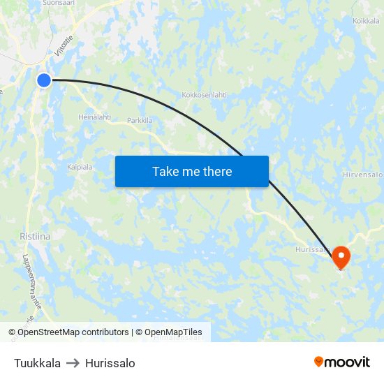 Tuukkala to Hurissalo map