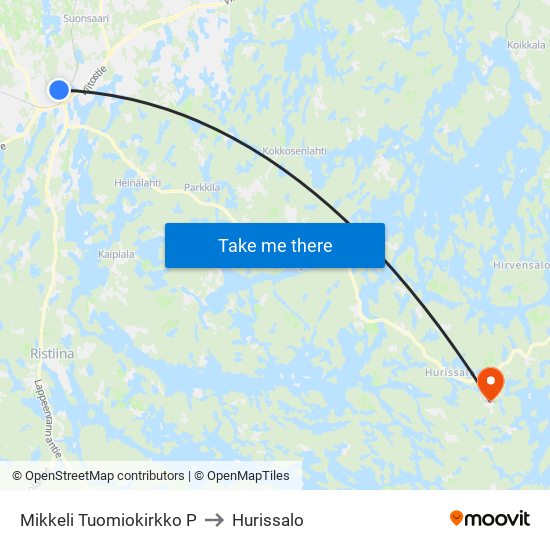 Mikkeli Tuomiokirkko  P to Hurissalo map