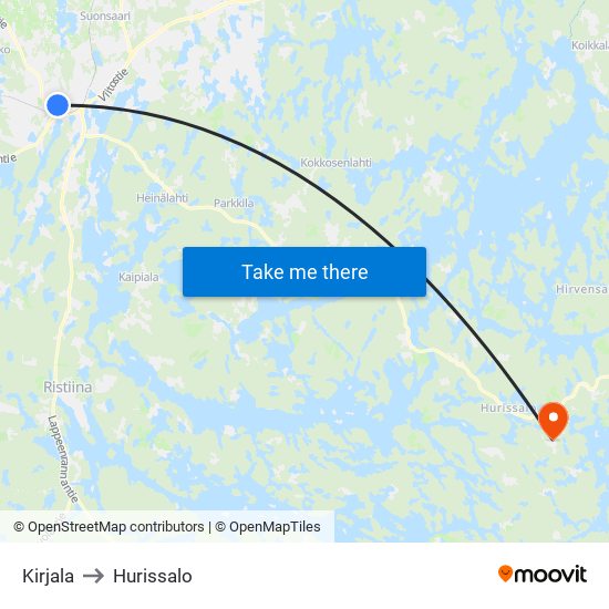 Kirjala to Hurissalo map