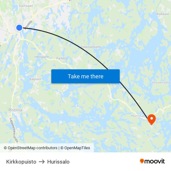 Kirkkopuisto to Hurissalo map