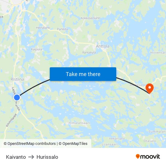 Kaivanto to Hurissalo map