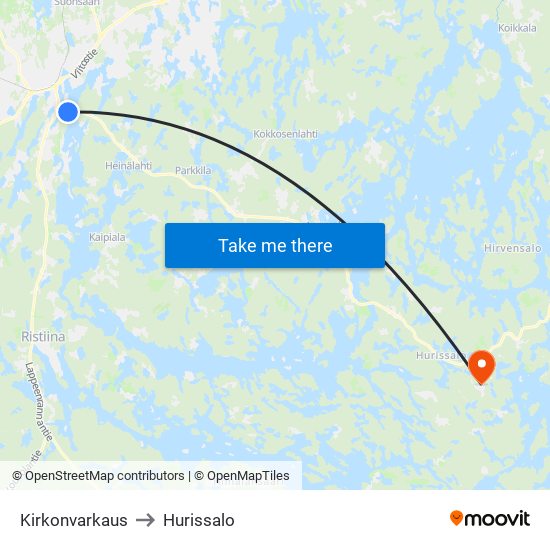 Kirkonvarkaus to Hurissalo map