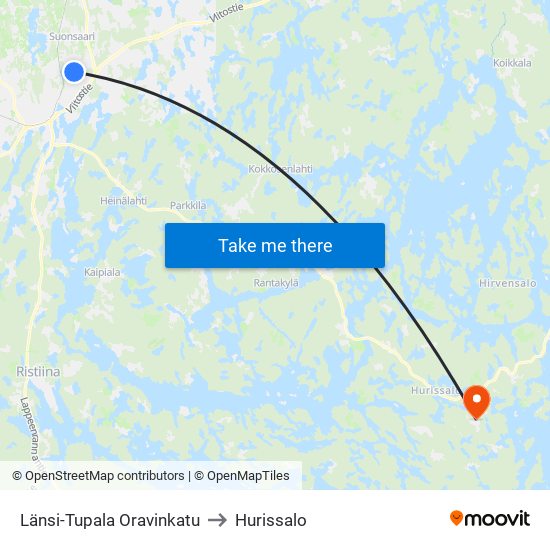 Länsi-Tupala Oravinkatu to Hurissalo map