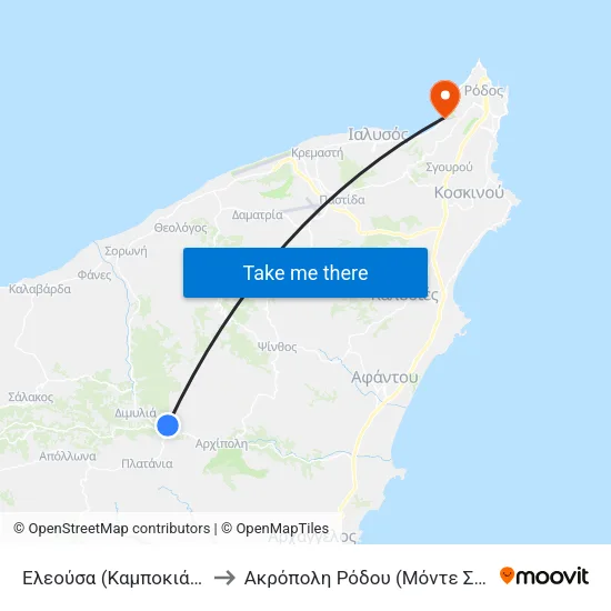 Ελεούσα (Καμποκιάρο) to Ακρόπολη Ρόδου (Μόντε Σμιθ) map