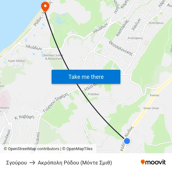 Σγούρου to Ακρόπολη Ρόδου (Μόντε Σμιθ) map