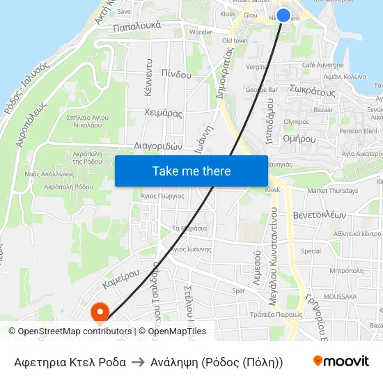 Αφετηρια Κτελ Ροδα to Ανάληψη (Ρόδος (Πόλη)) map