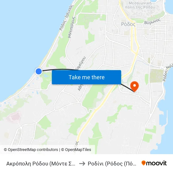 Ακρόπολη Ρόδου (Μόντε Σμιθ) to Ροδίνι (Ρόδος (Πόλη)) map