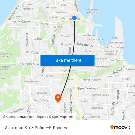 Roda Bus Terminal to Rhodes map