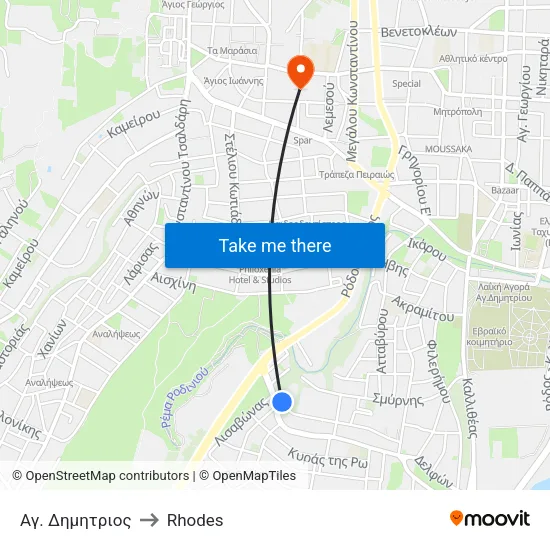 Ag. Dimitrios to Rhodes map