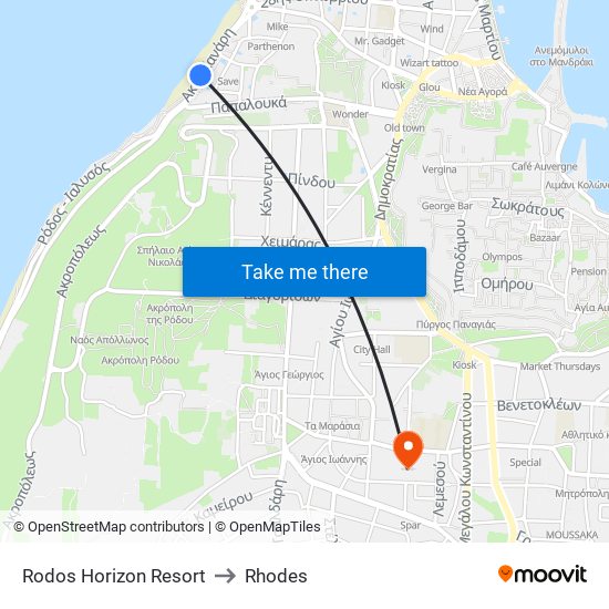 Rodos Horizon Resort to Rhodes map