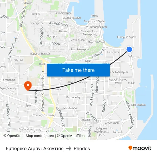 Akantias Commercial Port to Rhodes map