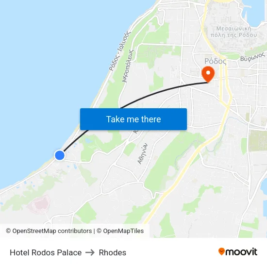 Hotel Rodos Palace to Rhodes map