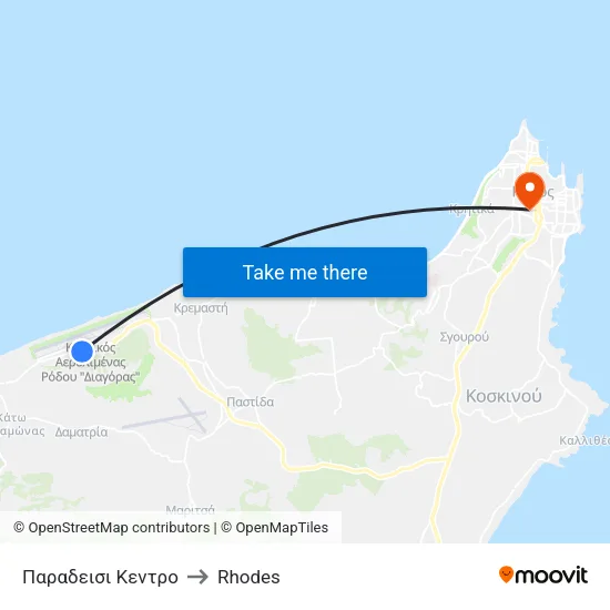 Paradisi Center to Rhodes map