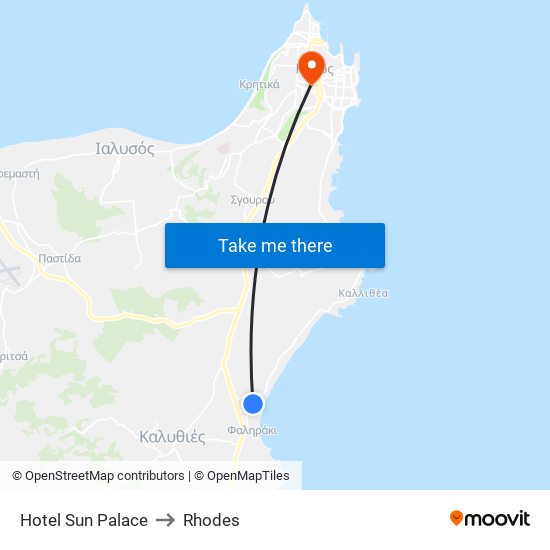 Hotel Sun Palace to Rhodes map