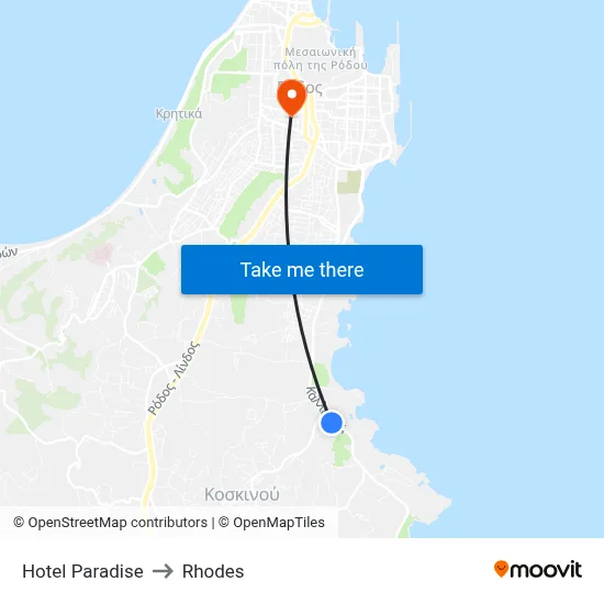 Paradise Hotel to Rhodes map