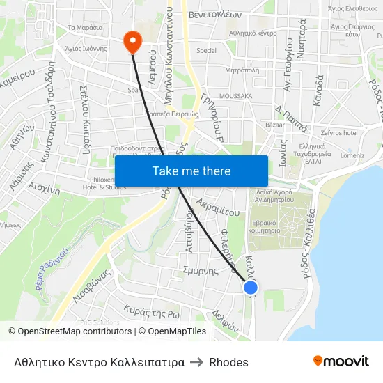 Kallipatira Sports Center to Rhodes map