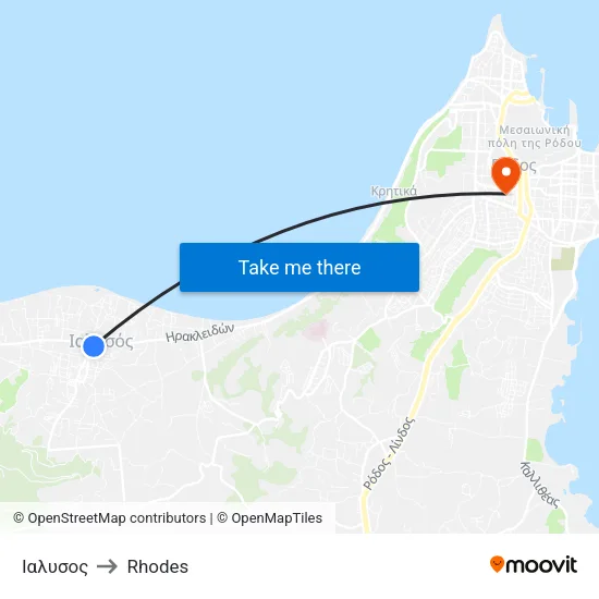 Ialysos to Rhodes map