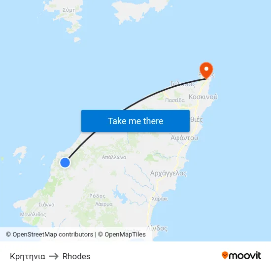 Kritinia to Rhodes map