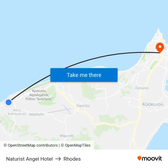 Naturist Angel Hotel to Rhodes map