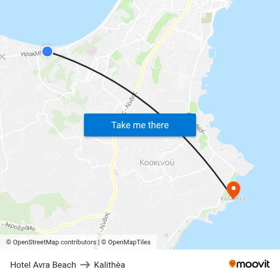 Hotel Avra Beach to Kalithea map