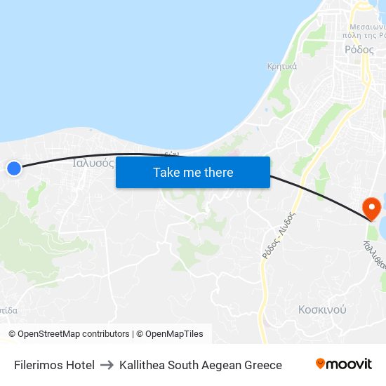 Filerimos Hotel to Kallithea South Aegean Greece map