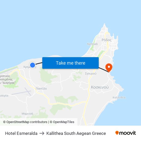 Hotel Esmeralda to Kallithea South Aegean Greece map