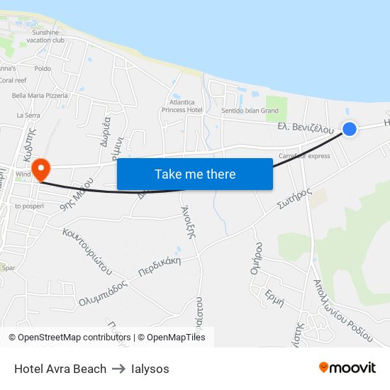 Hotel Avra Beach to Ialysos map