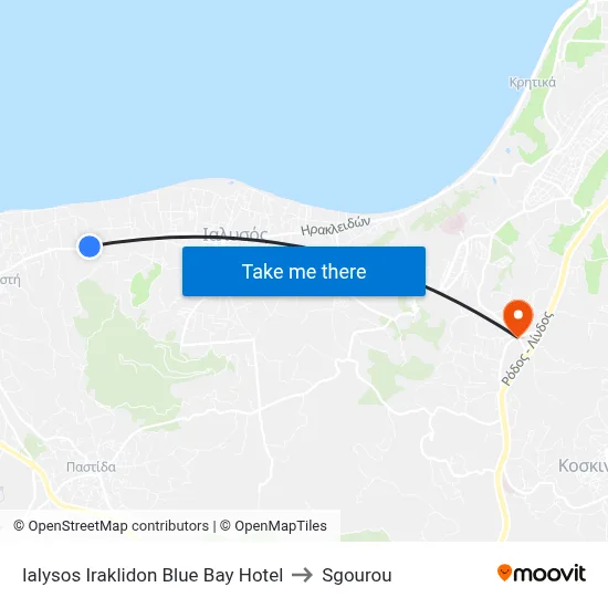 Ialysos Iraklidon Blue Bay Hotel to Sgourou map