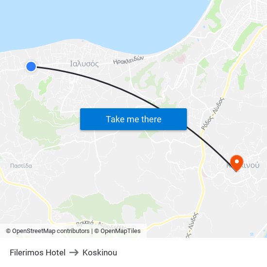 Filerimos Hotel to Koskinou map