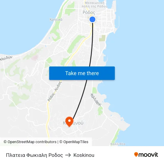 Fokiali Square Rhodes to Koskinou map