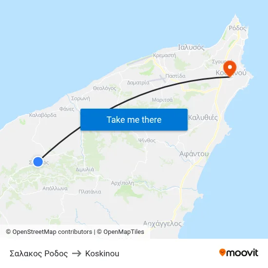 Salakos Rhodes to Koskinou map